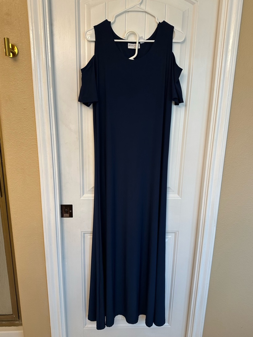 Attitudes by Rene Navy Cold-Shoulder Maxi Dress